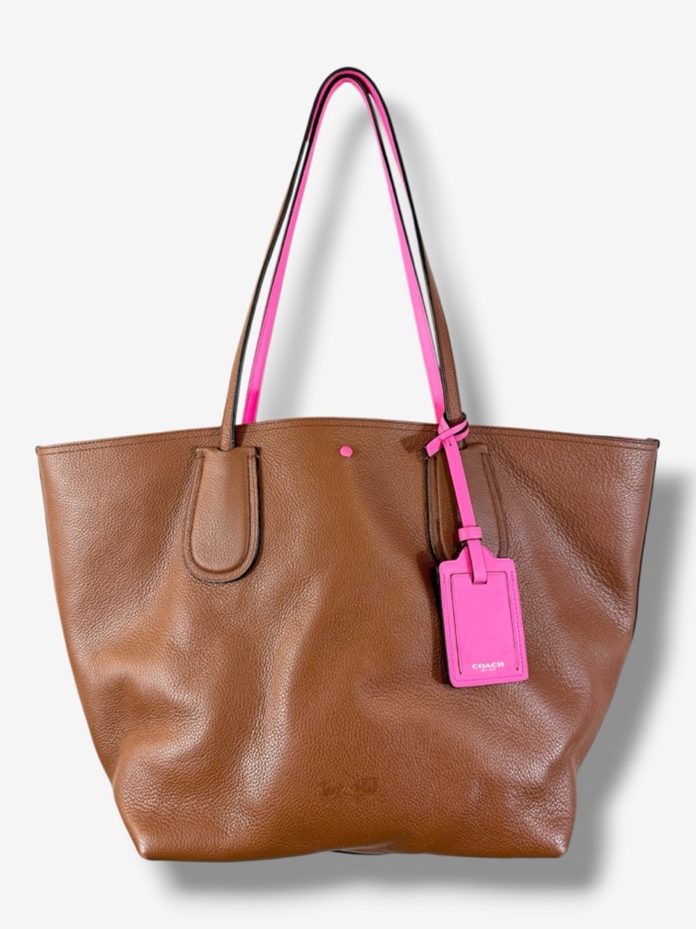 Coach Stuart Vevers Brown Leather Tote Neon Pink Trim Hangtag